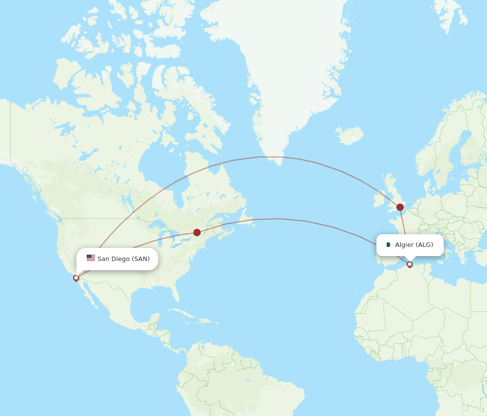 San Diego - Algiers route map and flight paths