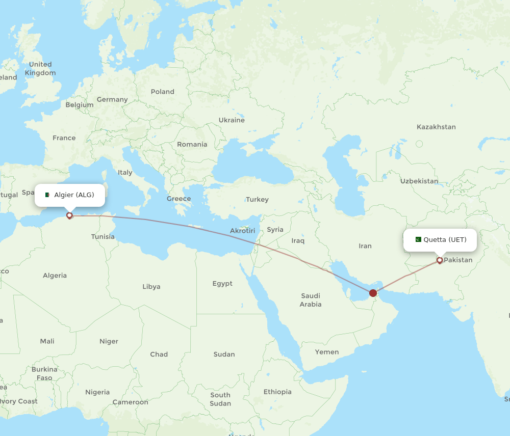 Algiers - Quetta route map and flight paths