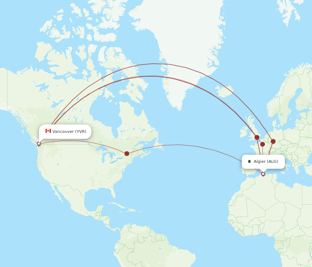 ALG to YVR flights and routes map