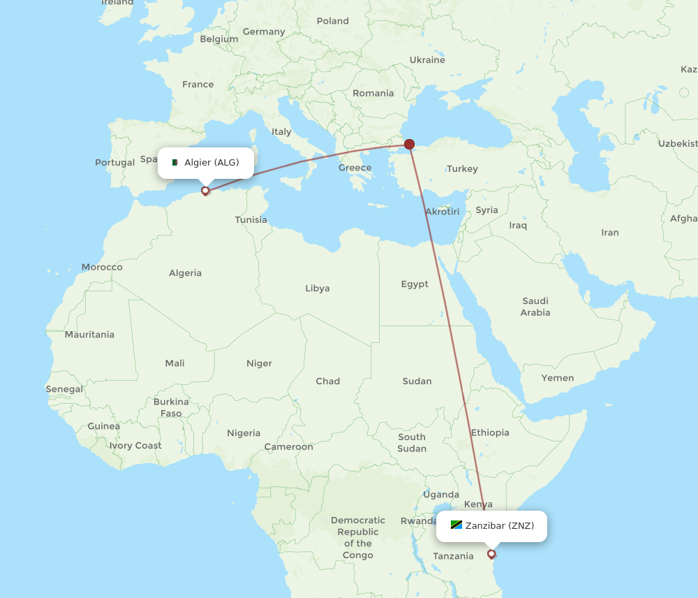 Zanzibar - Algiers route map and flight paths