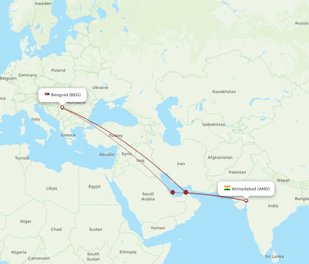 AMD to BEG flights and routes map