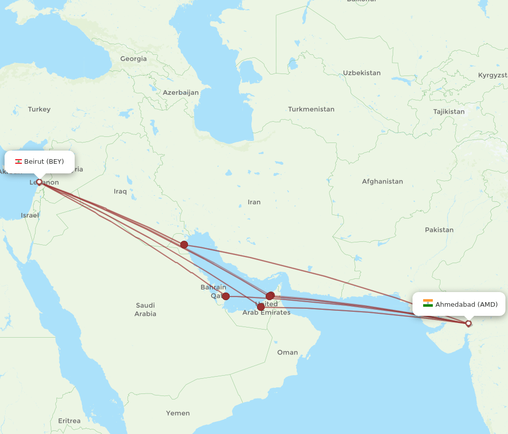 AMD to BEY flights and routes map