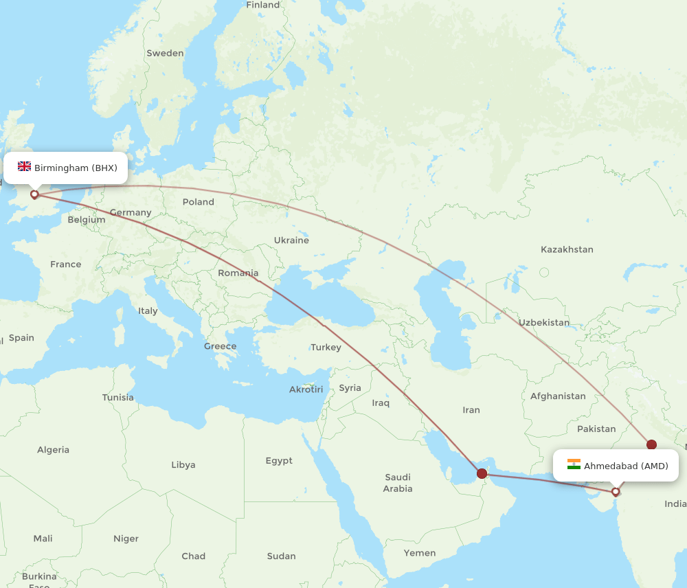 AMD to BHX flights and routes map