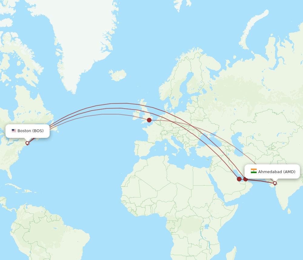 AMD to BOS flights and routes map