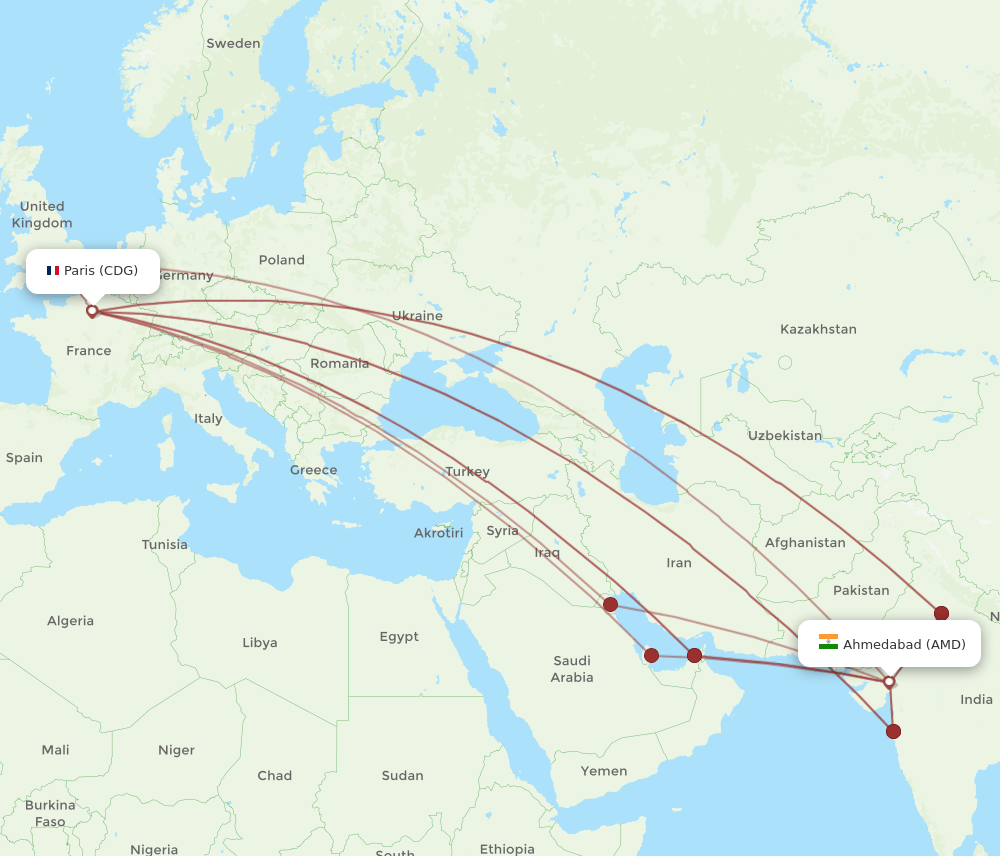 AMD to CDG flights and routes map