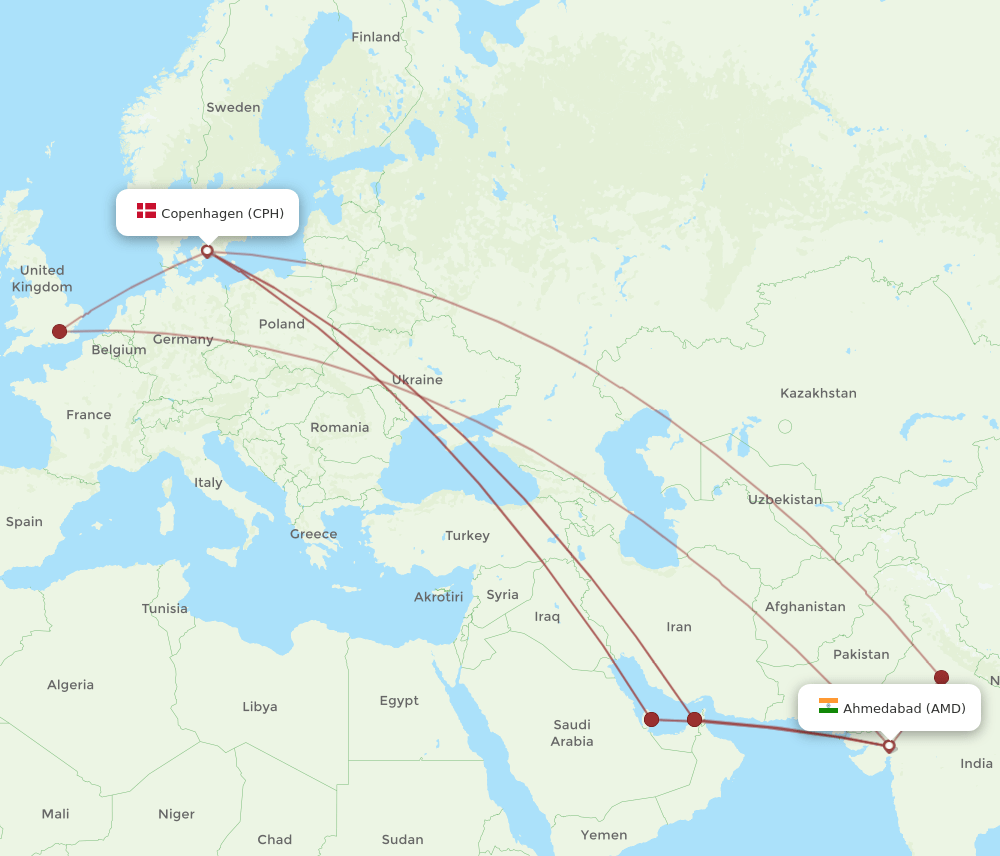 AMD to CPH flights and routes map