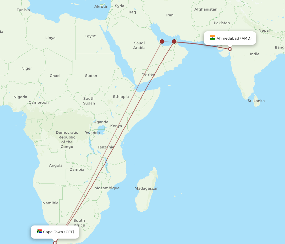 AMD to CPT flights and routes map