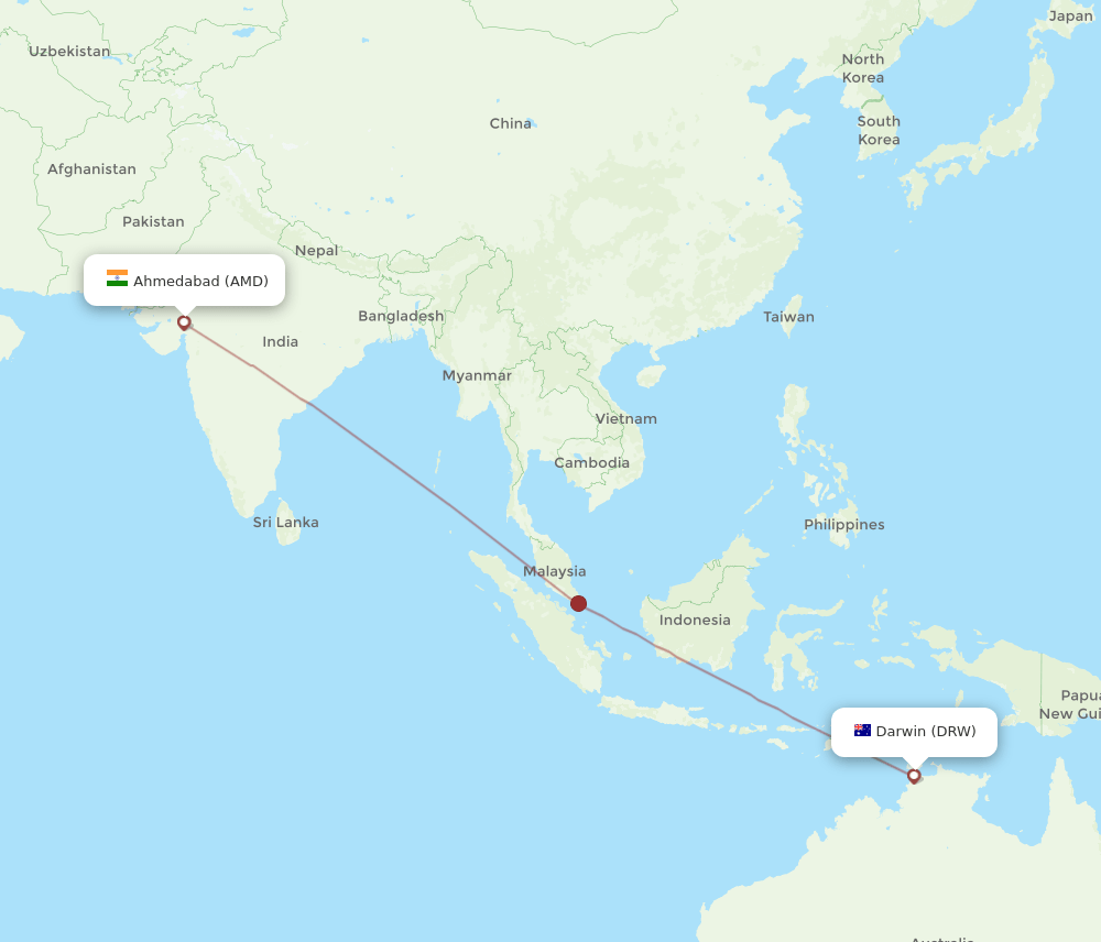 Darwin - Ahmedabad route map and flight paths