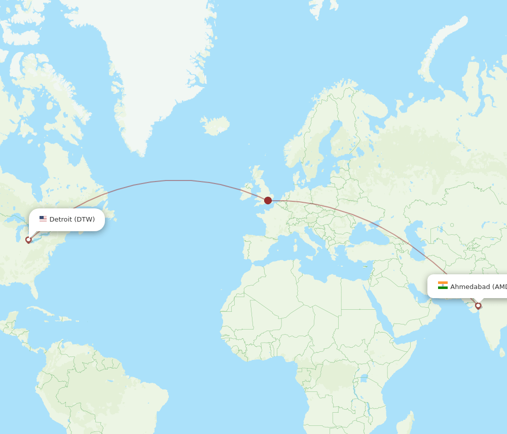 Ahmedabad - Detroit route map and flight paths