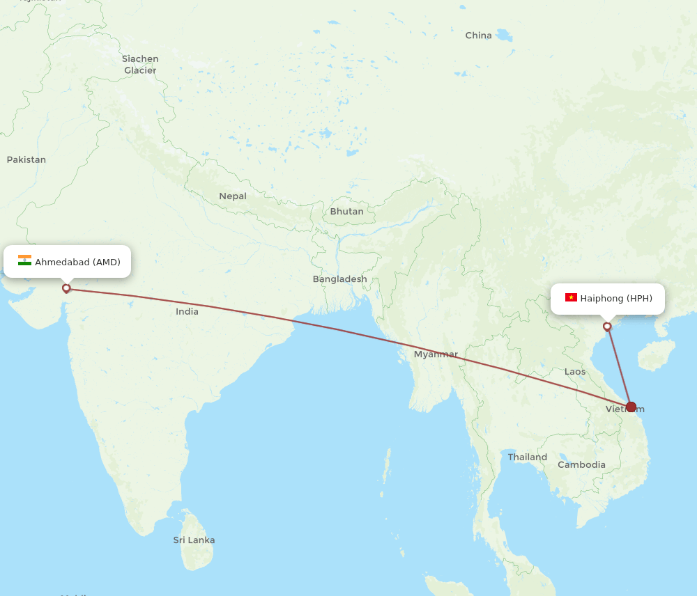 Haiphong - Ahmedabad route map and flight paths
