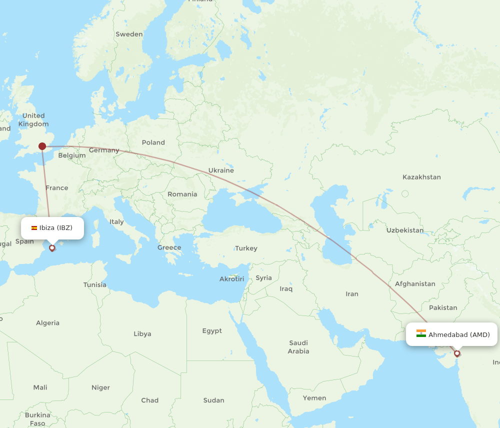Ibiza - Ahmedabad route map and flight paths