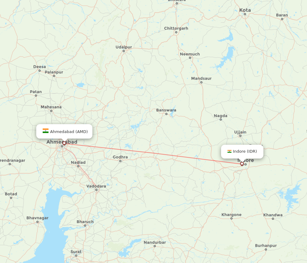 Ahmedabad - Indore route map and flight paths