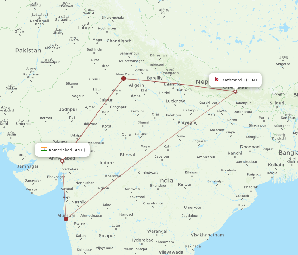 AMD to KTM flights and routes map