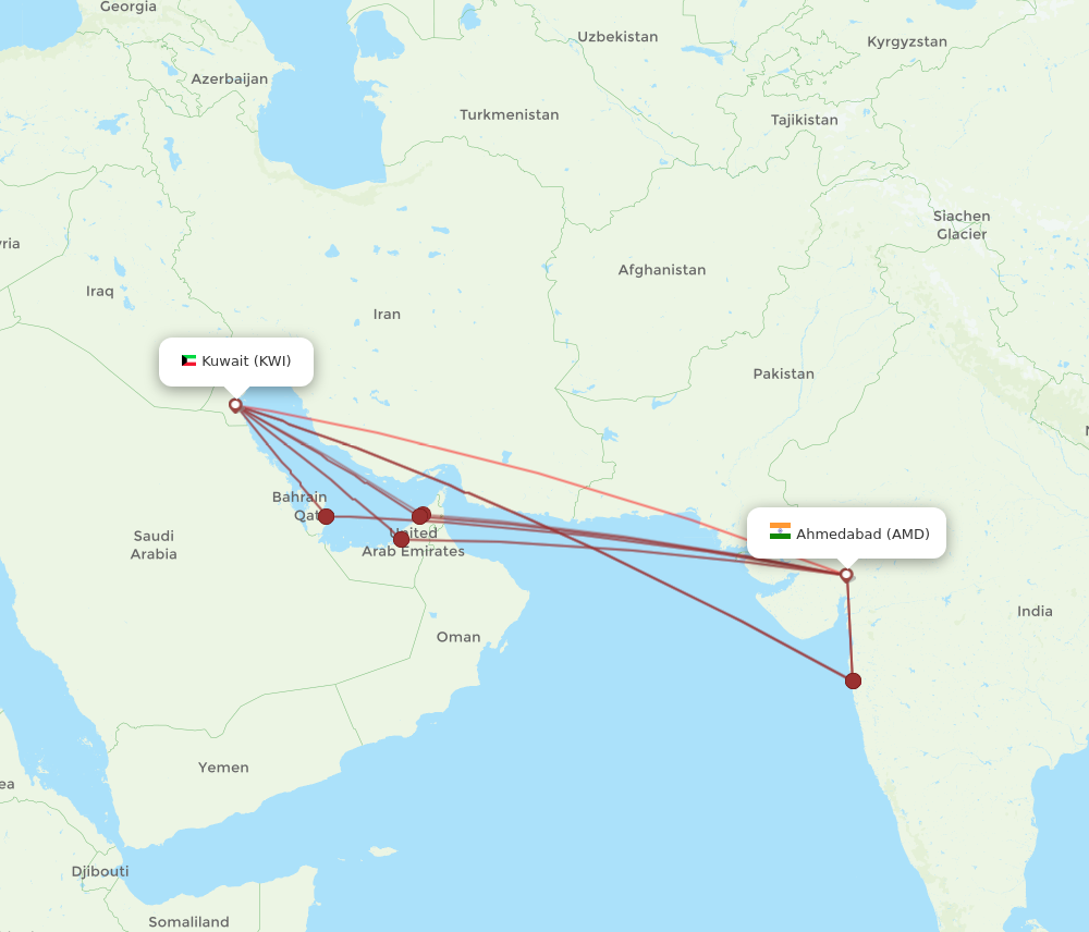 AMD to KWI flights and routes map