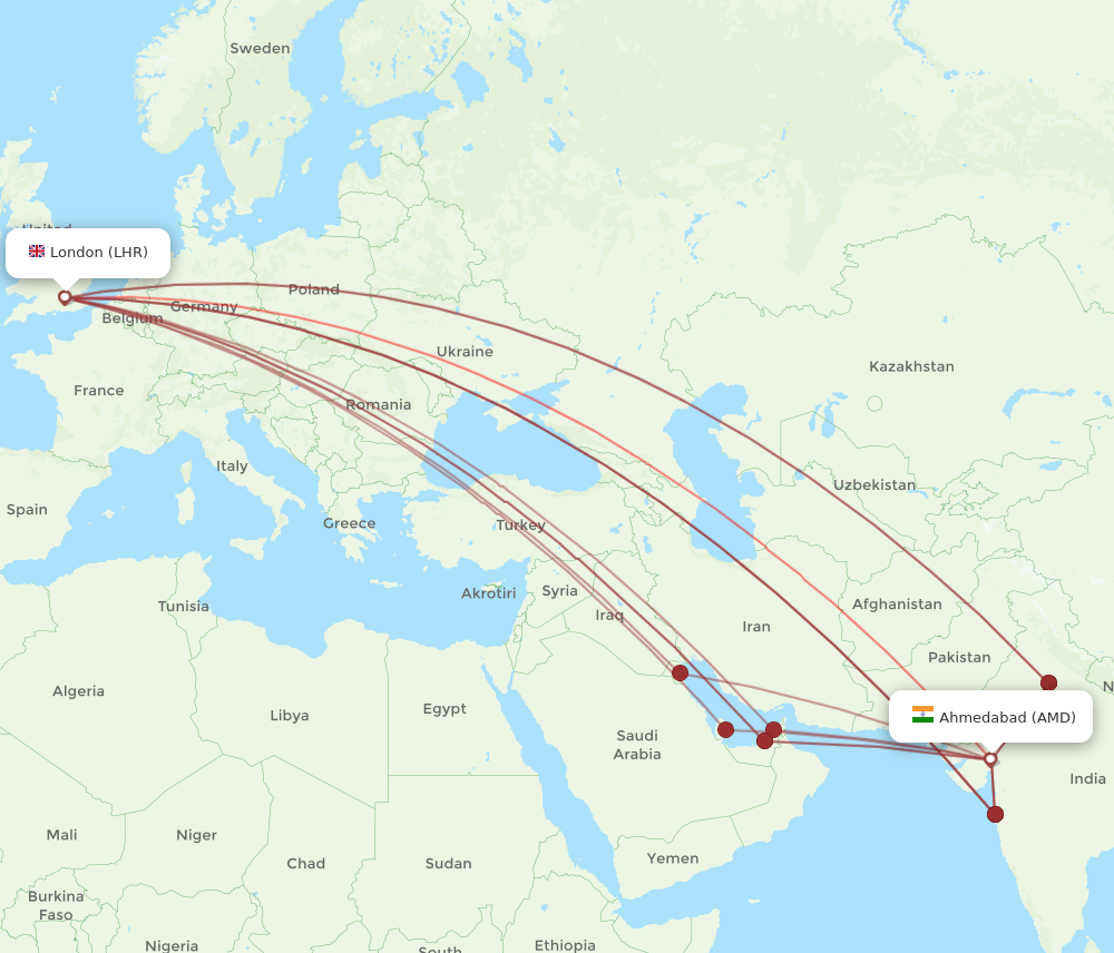 AMD to LHR flights and routes map