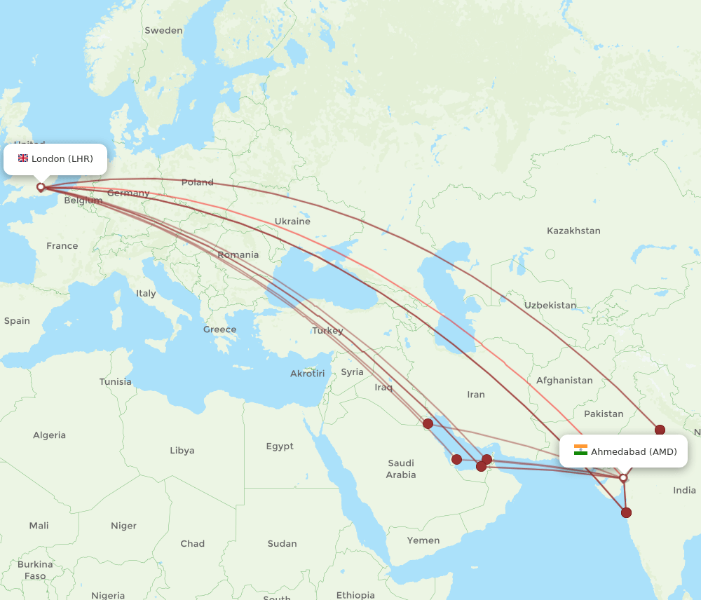 AMD-LHR flight routes
