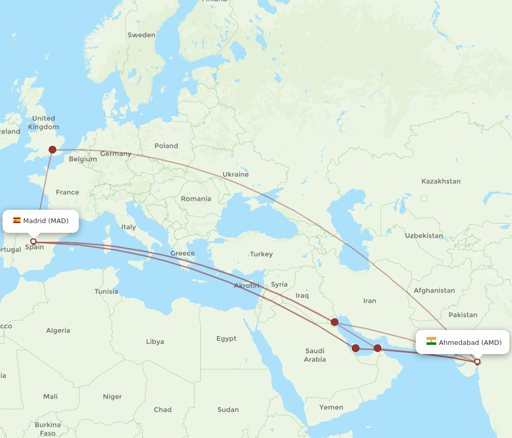 AMD to MAD flights and routes map