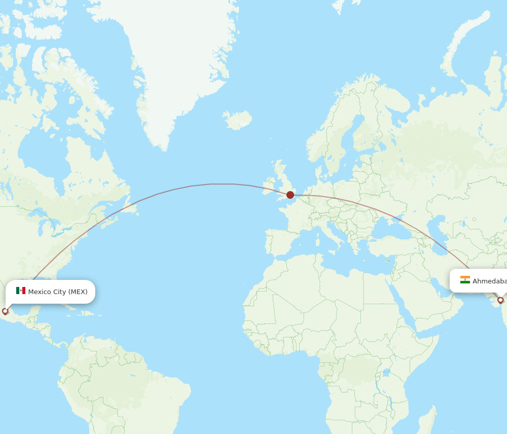 Mexico City - Ahmedabad route map and flight paths