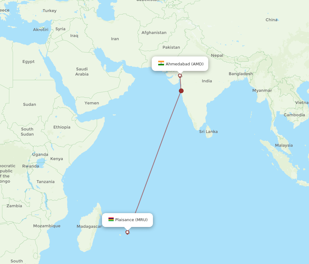 Mauritius - Ahmedabad route map and flight paths
