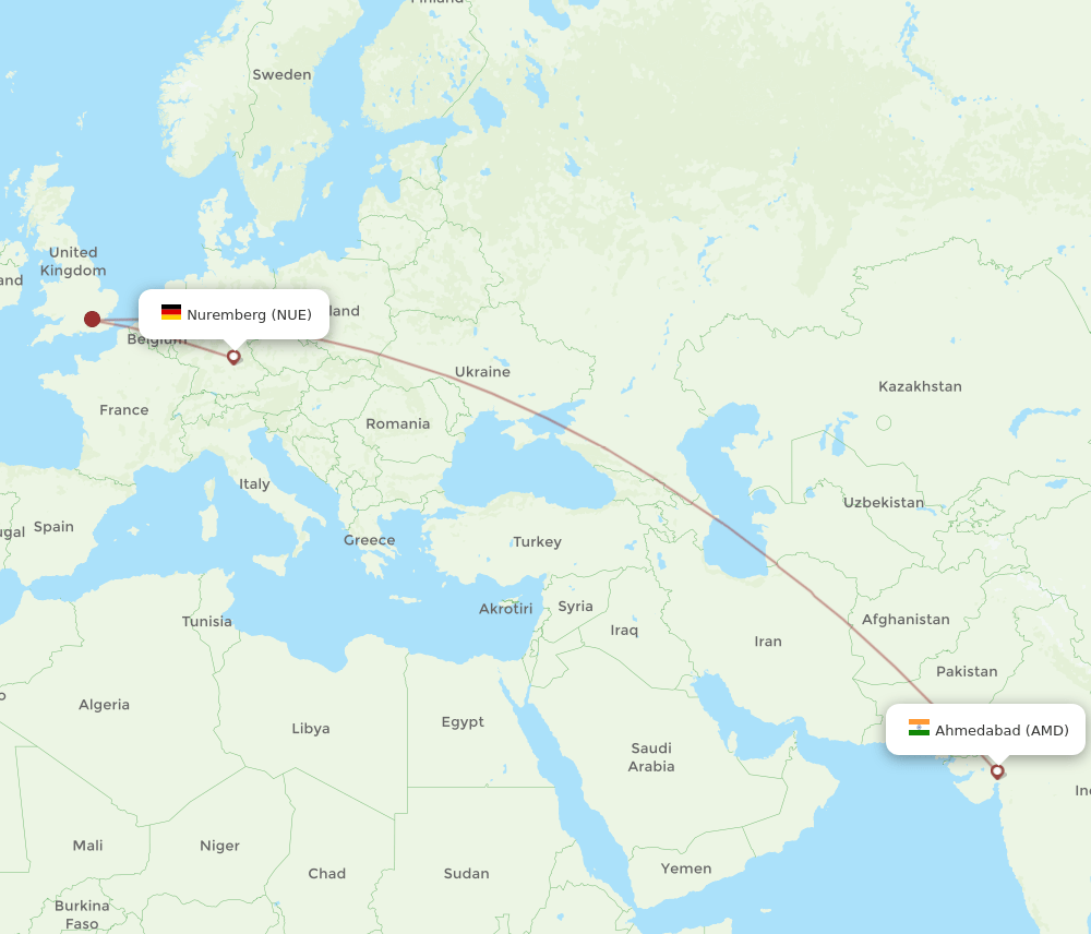 Nuremberg - Ahmedabad route map and flight paths