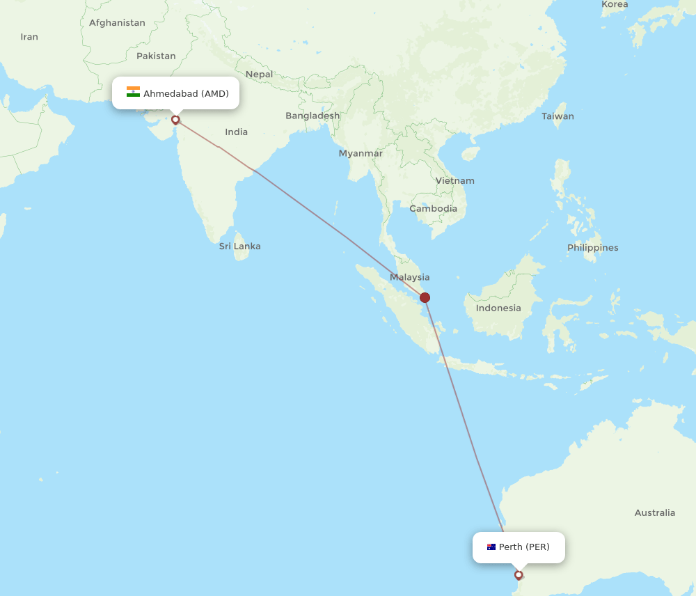 AMD to PER flights and routes map