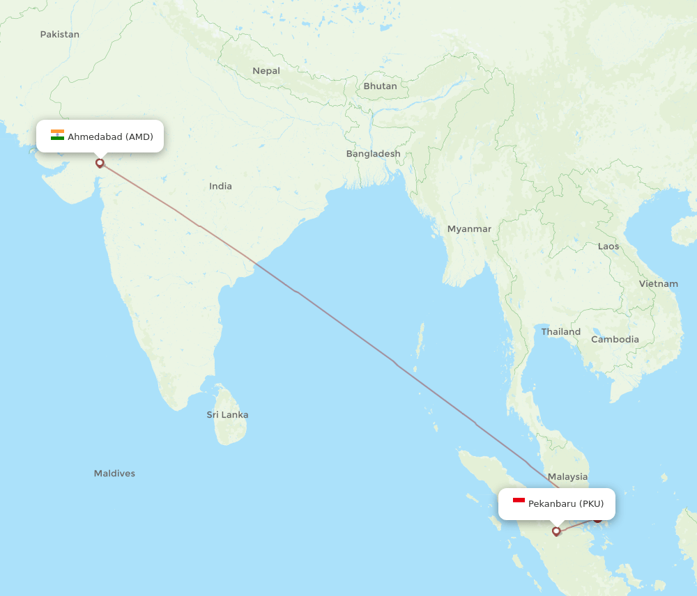 Pekanbaru - Ahmedabad route map and flight paths