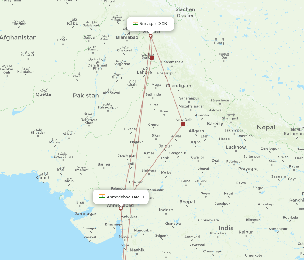 AMD to SXR flights and routes map