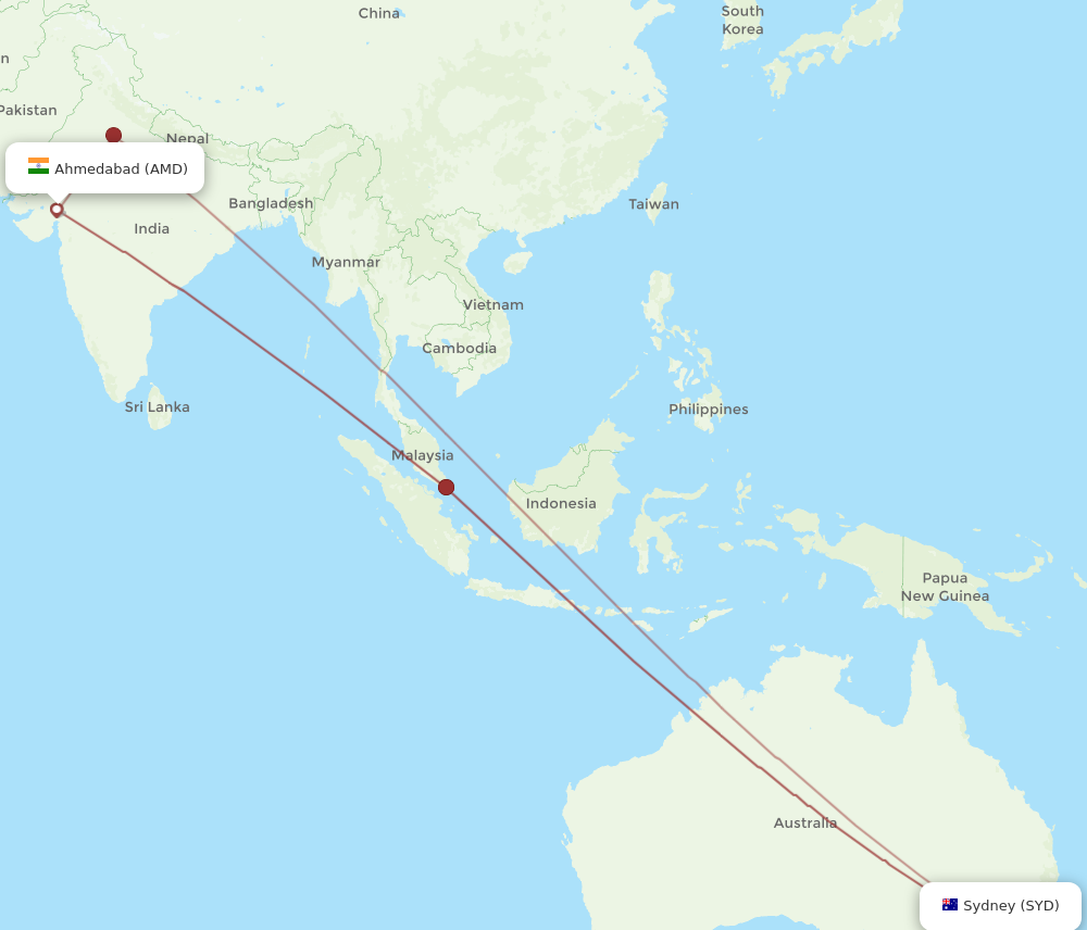 AMD to SYD flights and routes map