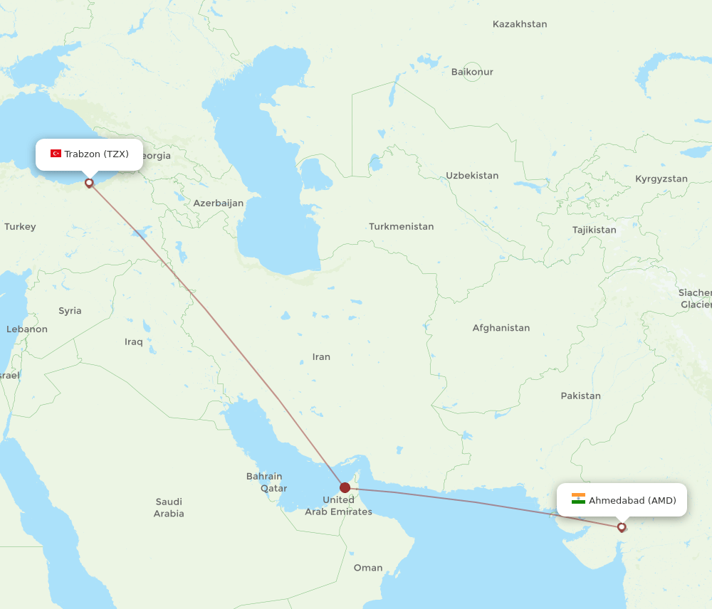Trabzon - Ahmedabad route map and flight paths
