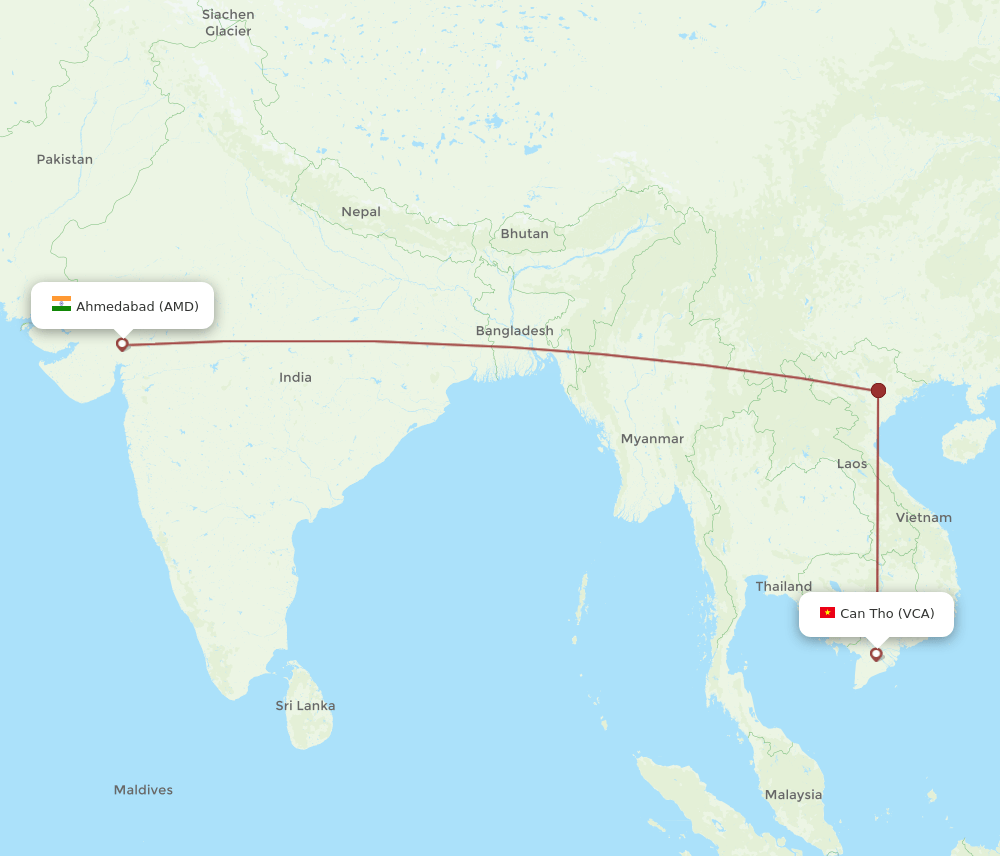 Can Tho - Ahmedabad route map and flight paths