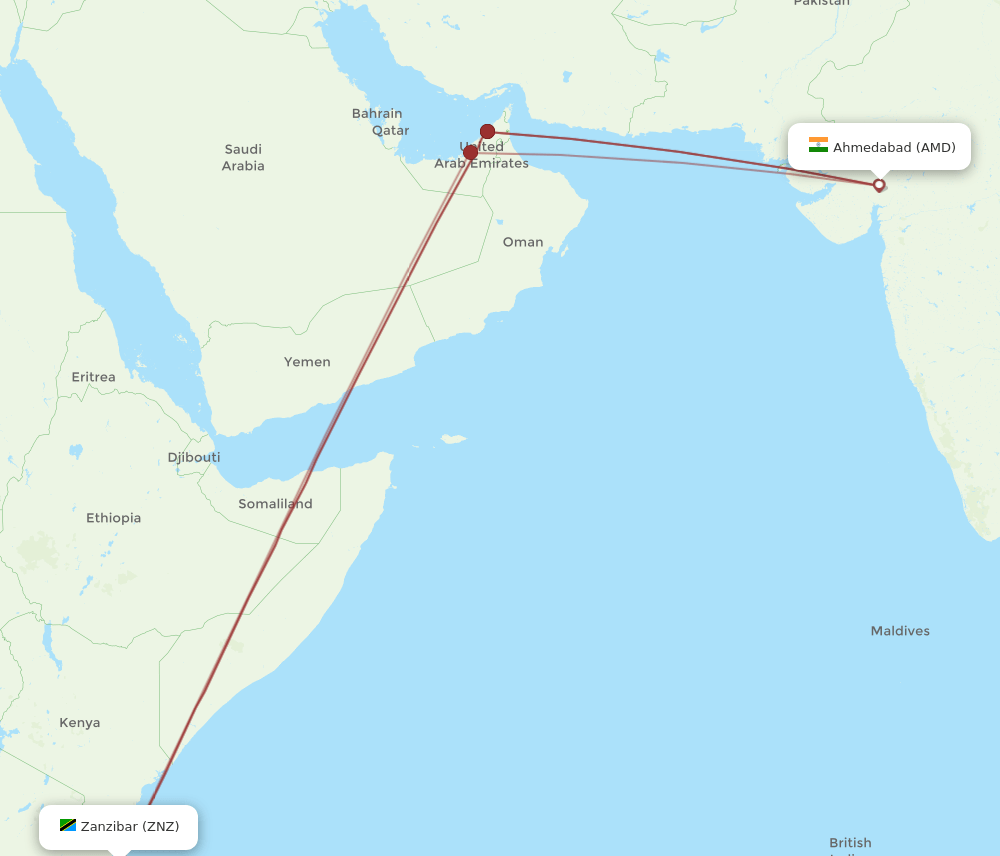 AMD to ZNZ flights and routes map