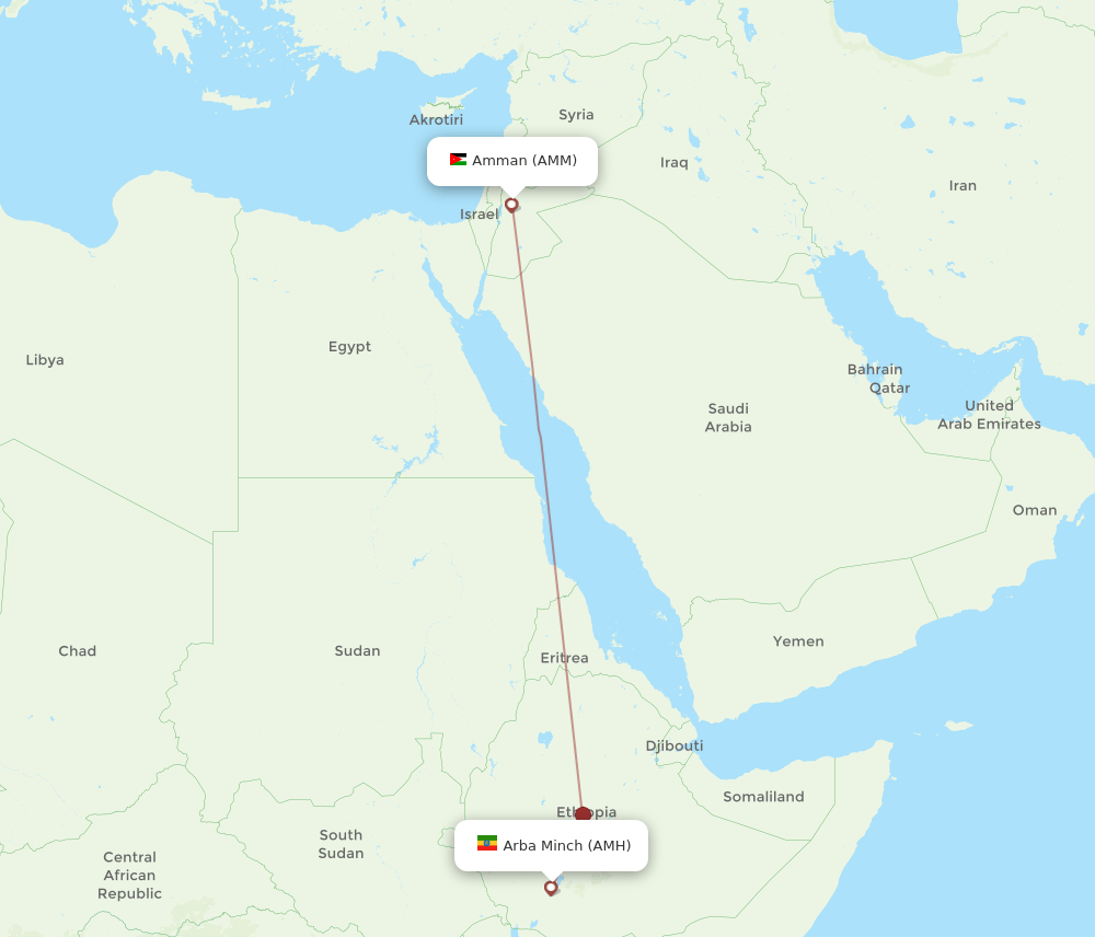 Arba Mintch - Amman route map and flight paths