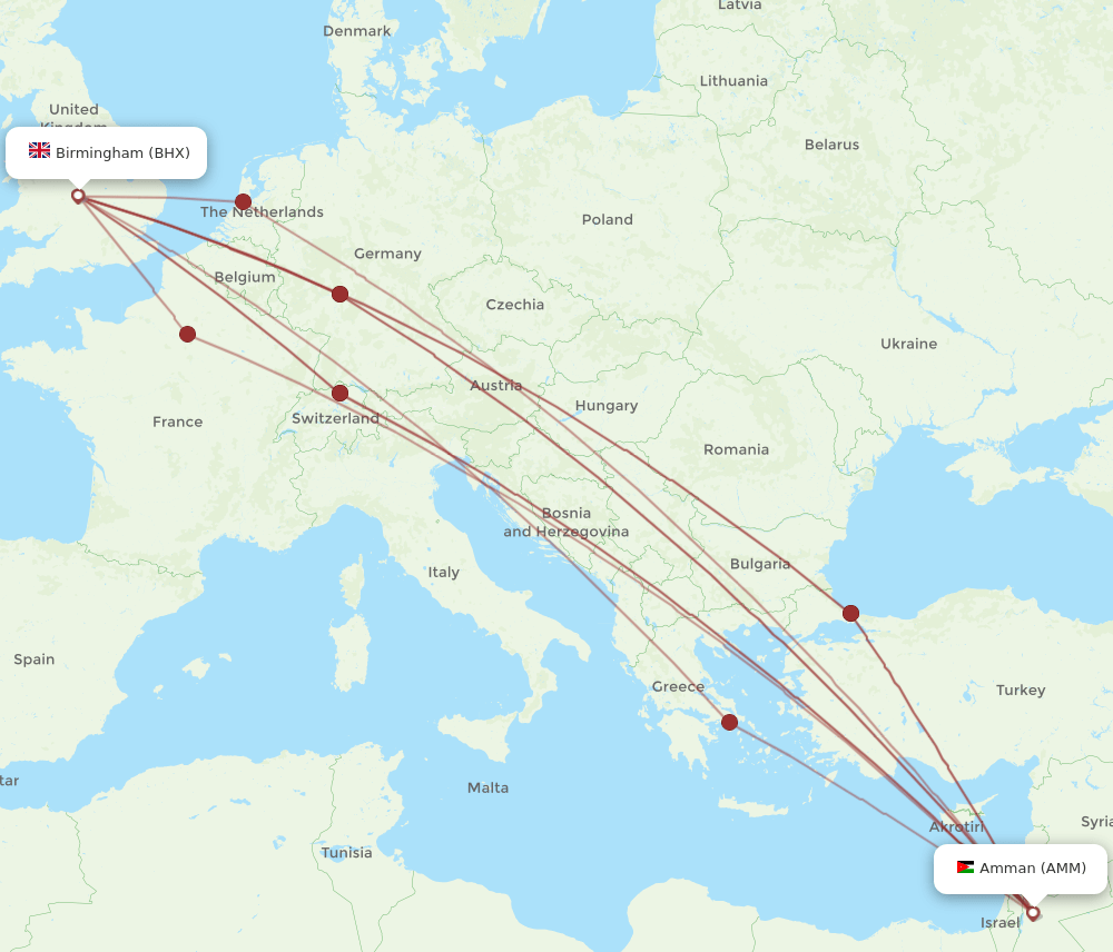 AMM to BHX flights and routes map