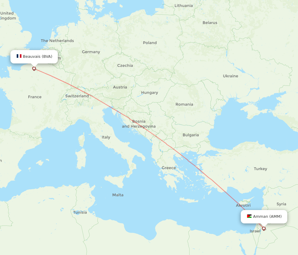 Amman - Paris route map and flight paths