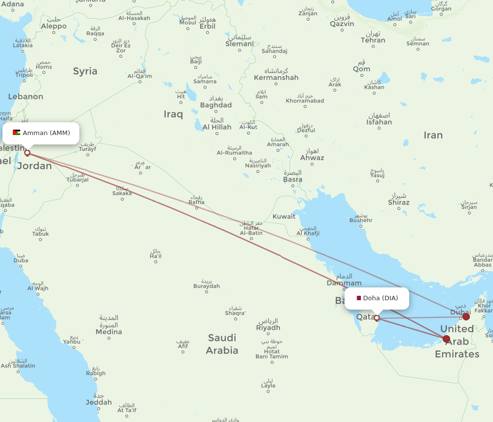 Amman - Doha route map and flight paths