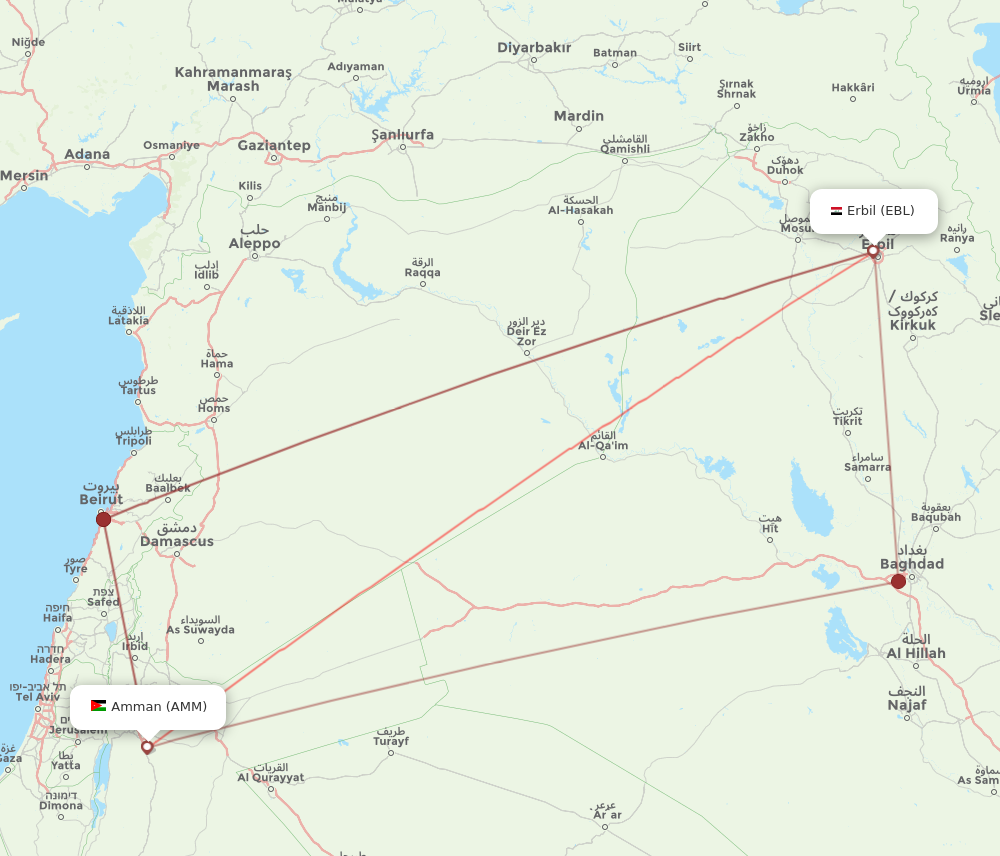 AMM to EBL flights and routes map
