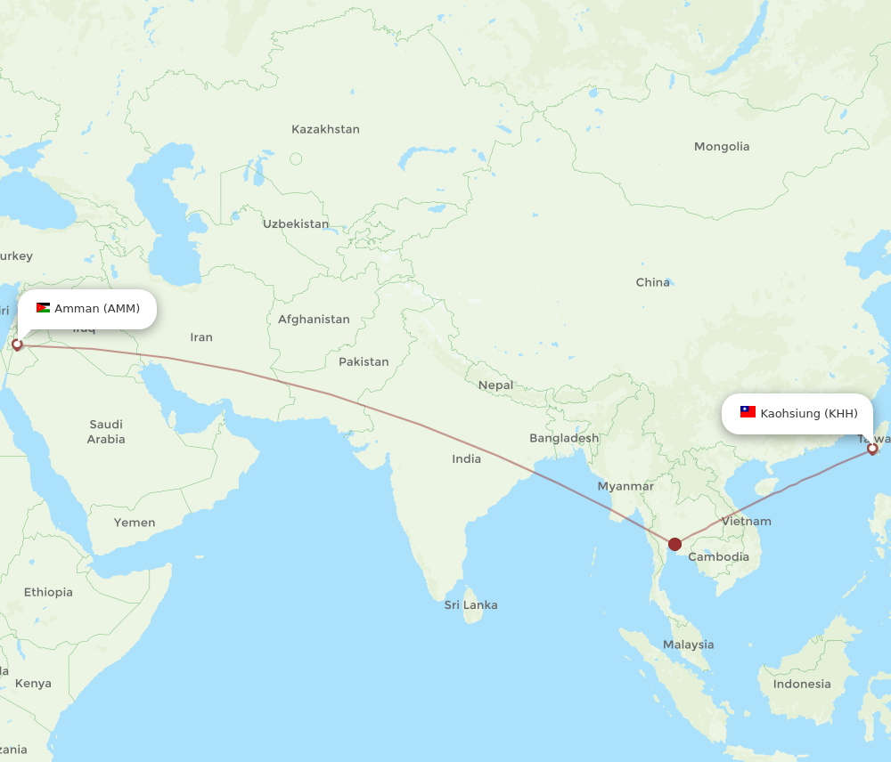 Kaohsiung - Amman route map and flight paths