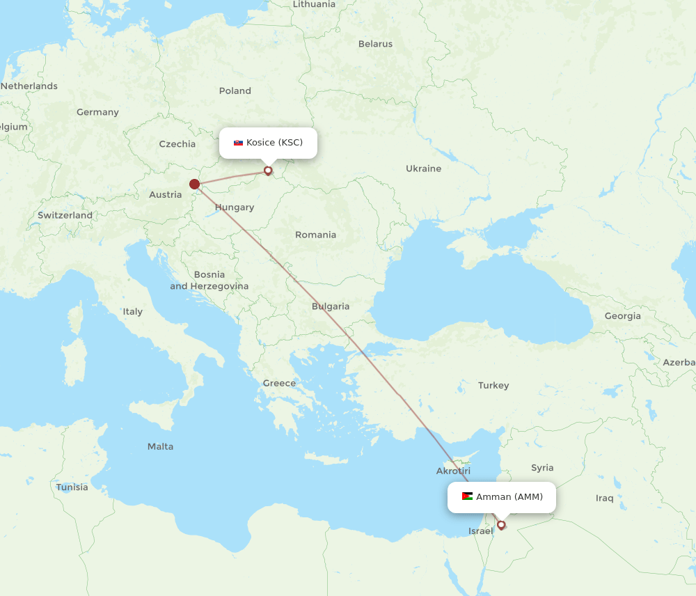 AMM-KSC flight routes