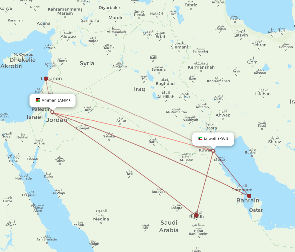 AMM to KWI flights and routes map