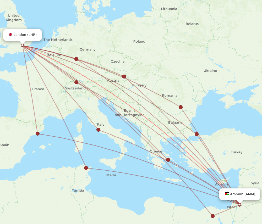 AMM to LHR flights and routes map