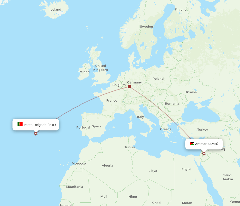 Ponta Delgada (Azores) - Amman route map and flight paths