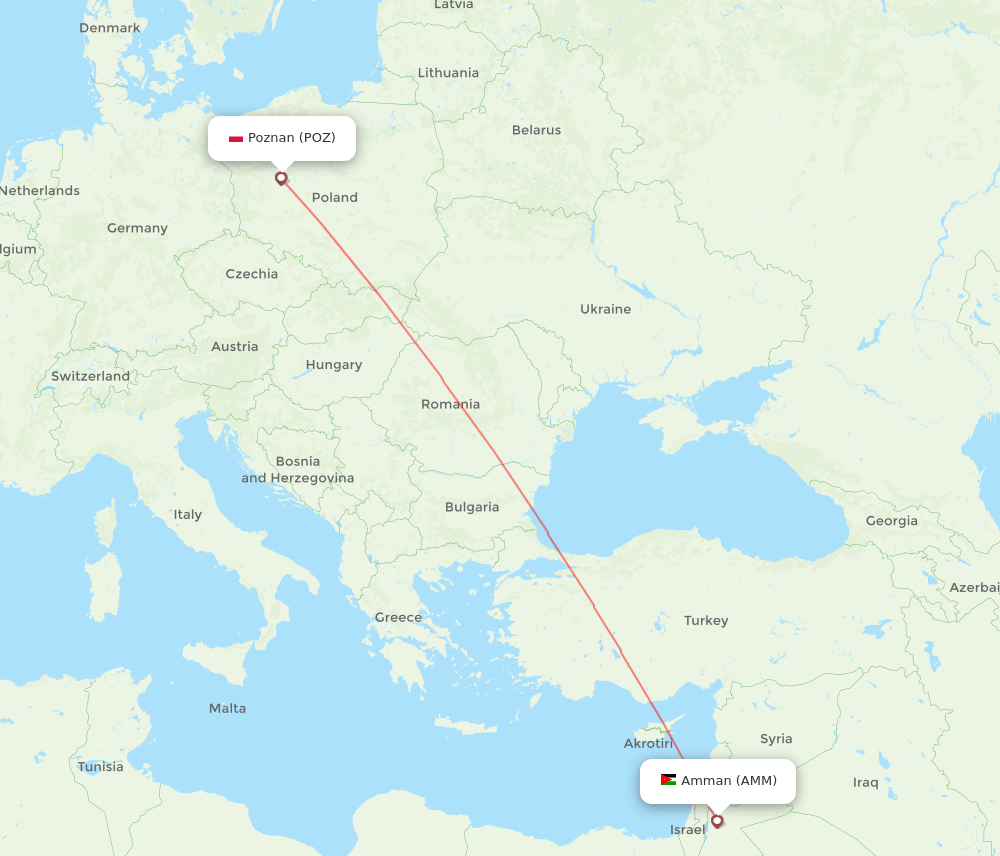 Amman - Poznan route map and flight paths