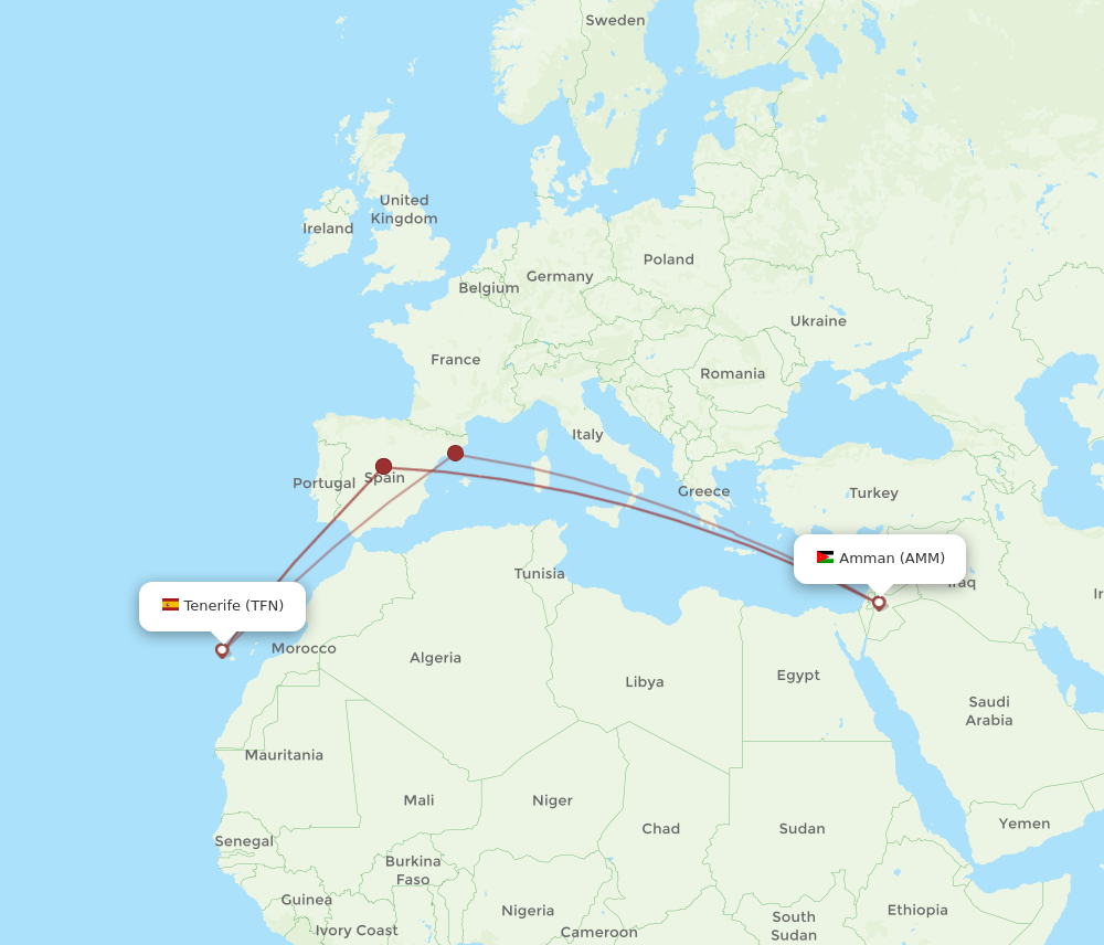 AMM to TFN flights and routes map