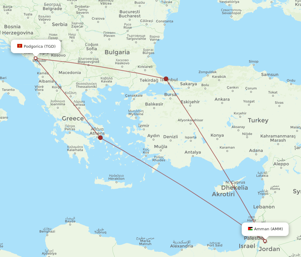 AMM to TGD flights and routes map