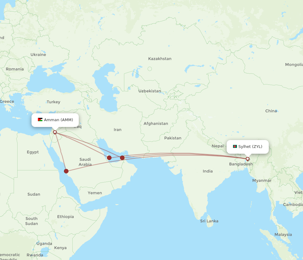 AMM to ZYL flights and routes map
