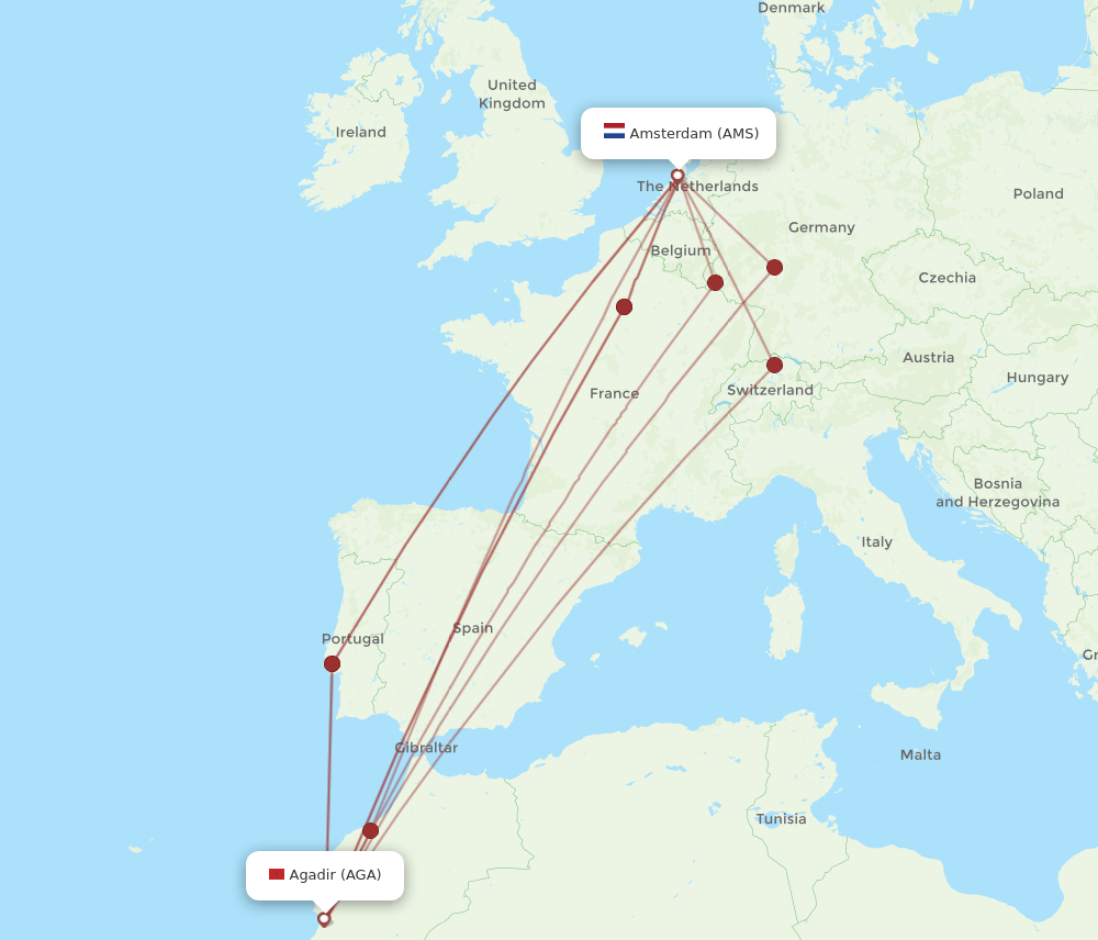 AMS-AGA flight routes