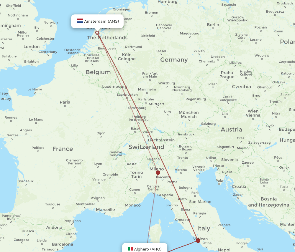 AMS-AHO flight routes
