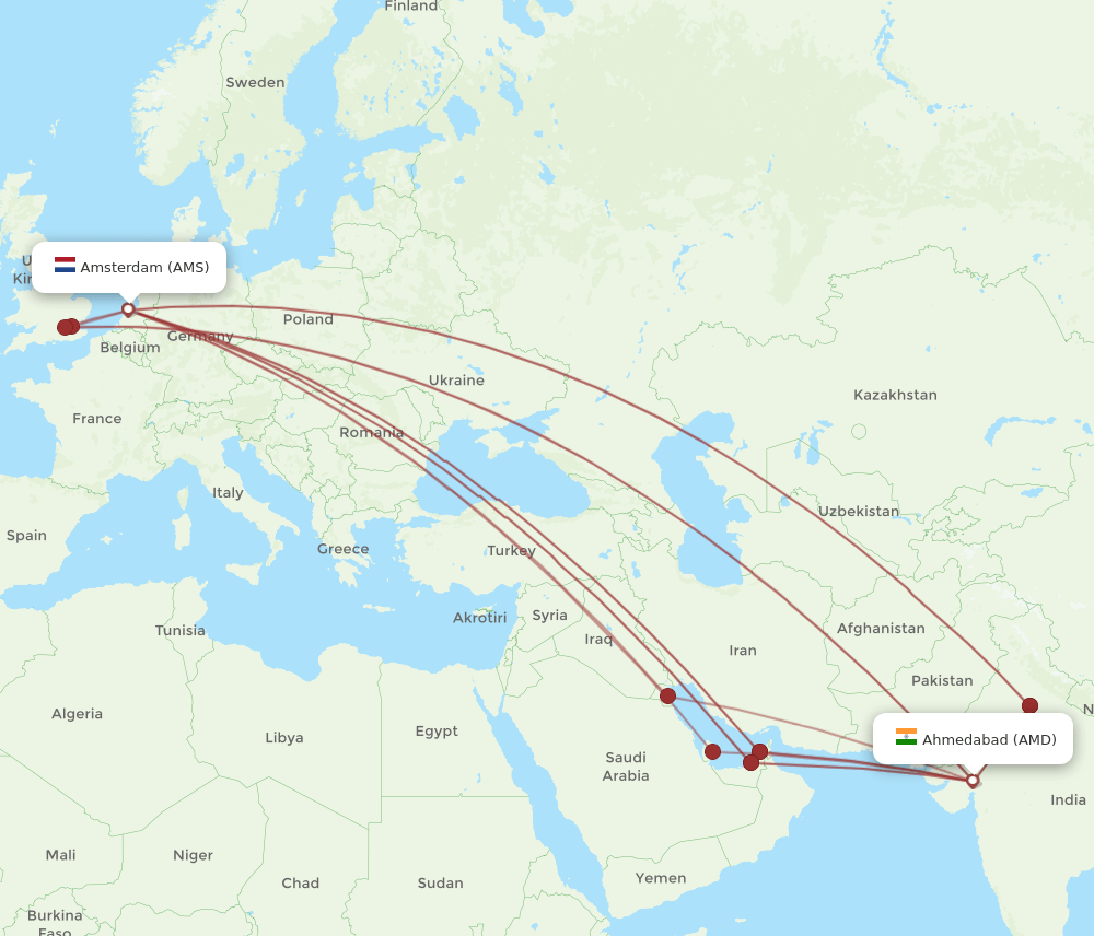 AMS-AMD flight routes