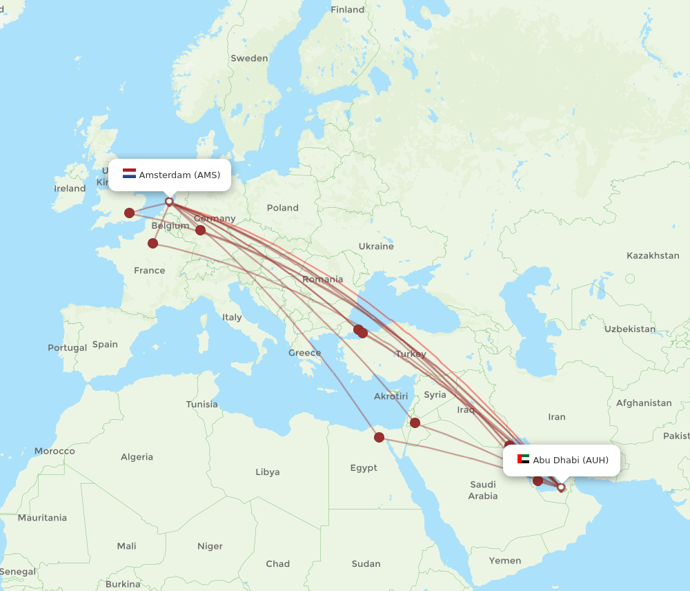 AMS to AUH flights and routes map