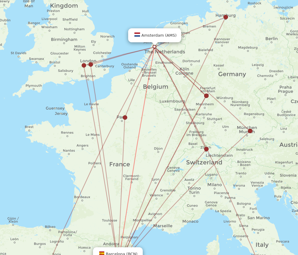AMS to BCN flights and routes map